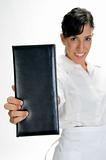 attractive waitress showing bill book