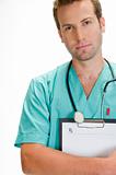 handsome doctor with stethoscope holding writing pad