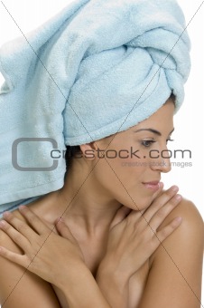 lady in towel with folded hands