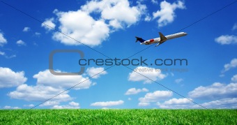 Airplane over grassy field