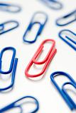 Studio Shot Of One Red Paperclip Amid Blue Paperclips