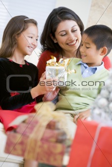 Mother Sitting With Her Son And Daughter,Exchanging Christmas Gi