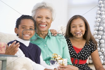 Grandmother Sitting With Her Two Grandchildren,Holding A Christm