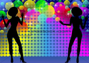 Silhouettes of dancing girls and disco light