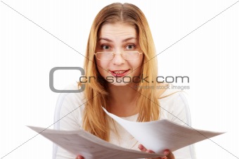 woman with sheets of paper in her hands