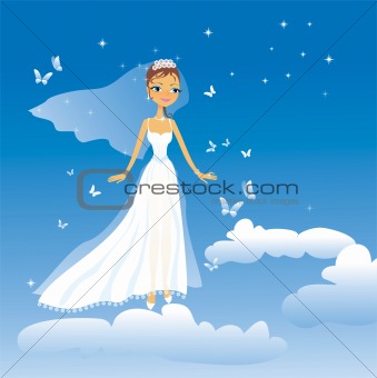The beautiful happy bride flies on clouds