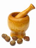 Wooden Mortar and Pestle with Chestnuts