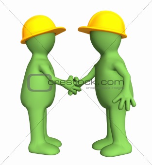 Hand shake of two puppets - builders 