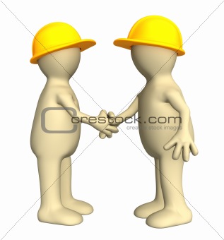Hand shake of two puppets - builders 
