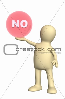 3d puppet,  holding in a hand sign no