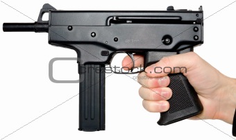 Hand holding the big pistol