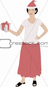illustration of girl with Santa`s cap holding a gift in her hand