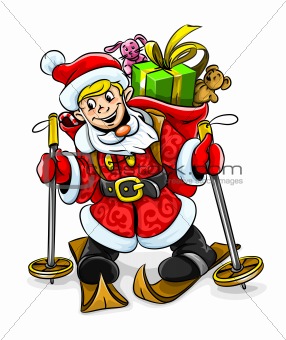 vector Christmas Santa boy with gifts on skis 