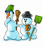surprised vector winter snowmen with cleaning tools