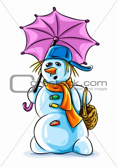 vector winter snowman with pink umbrella