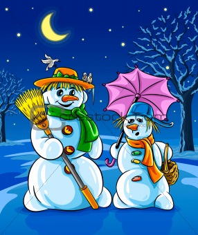 vector winter snowmen with broom pink umbrella