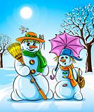 vector winter snowmen with broom pink umbrella 