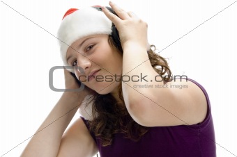 woman listening through headphone