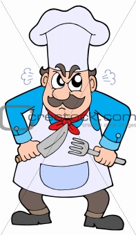 Angry chef with knife and fork