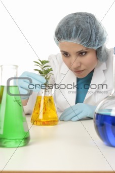 Scientist with plant in research lab
