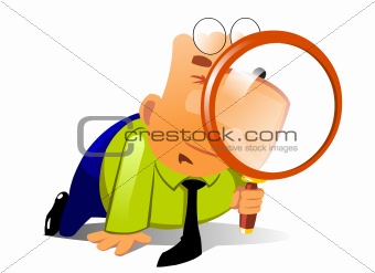 Clerk with big magnifying glass look for something