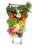 Shopping cart with vegetables - top view, isolated