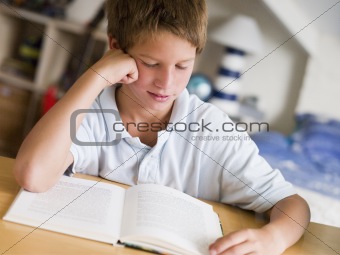 Young Boy Reading A Book In His Room