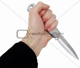Hand with a knife on a white background