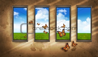 Grungy dark room with windows and butterflies and blue sky