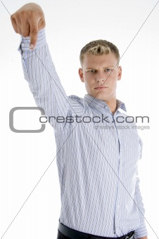 american man pointing downward