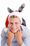 happy laying man with christmas hat