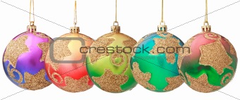Several hanging Christmas baubles isolated