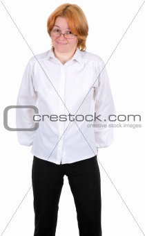 Confused girl standing on a white