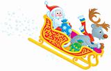 Santa Claus and Reindeer rush in the sledge