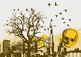 Grunge Cityscape Vector Background with Skull