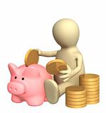 3d puppet who is saving money in piggy bank