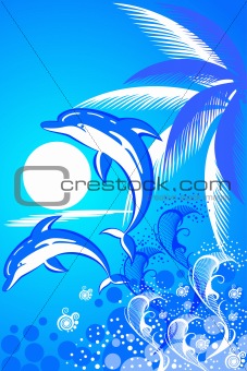 Summer background with palm tree and  two dolphins