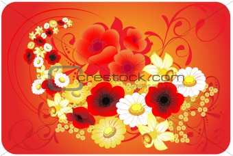 Round dance from flowers on a red background