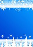 Christmas blue background with snowflakes and trees.