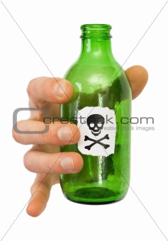 Male hand with green bottle pictured skull and crossbones