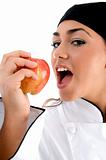 chef going to eat apple