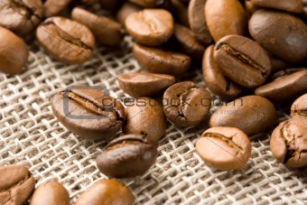 Coffee beans on a burlap bag
