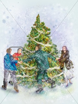 People dancings round a festive fir-tree