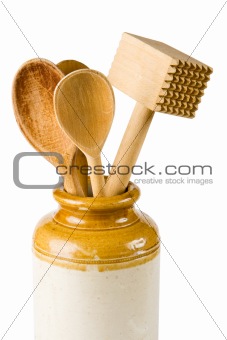Wooden spoons and a meat hammer