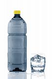 Bottle and glass of mineral water with droplets