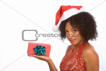 Friendly ethnic Mrs Santa with Christmas present