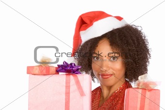 Ethnic Mrs Santa with pile of Christmas presents