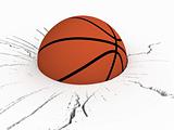 three dimensional front view of basket ball on cracked surface