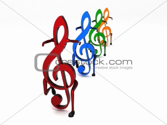three dimensional dancing musical notes in row