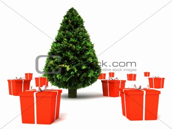 rendered beautiful christmas tree with gifts